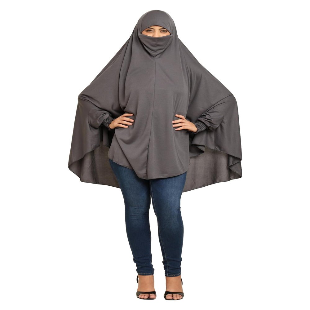 URBAN KANYA Full Coverage Khimar Hijab with Niqab, Long Sleeves, Cotton Blend Prayer Scarf, Multiple Colours (Dark Grey)