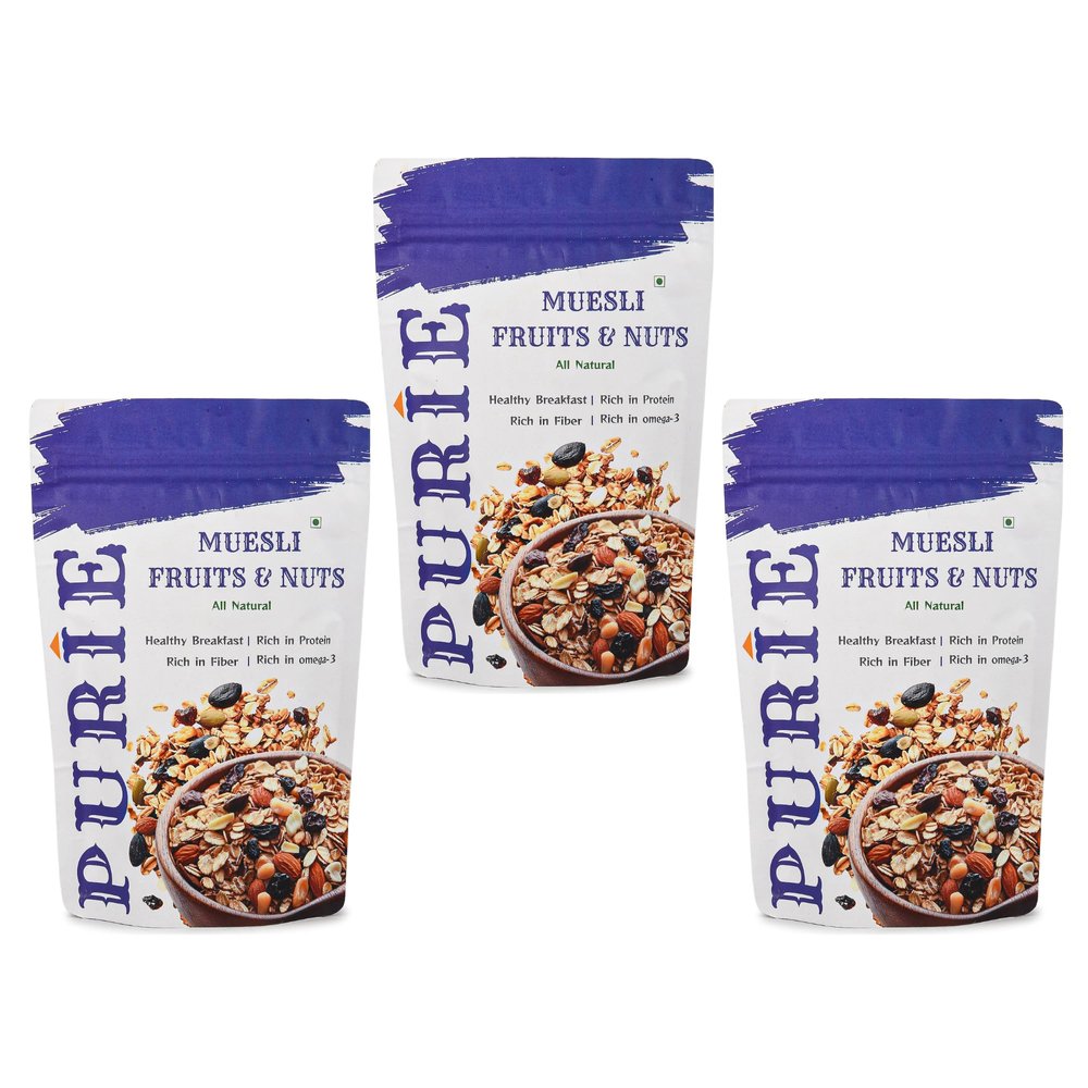 Purie Muesli 200g | High Protein & Fibre | Wholegrain Healthy Breakfast Cereal | No Added Sugar & Preservatives | Non-GMO | Quick & Natural Breakfast Option (PACK OF 3)