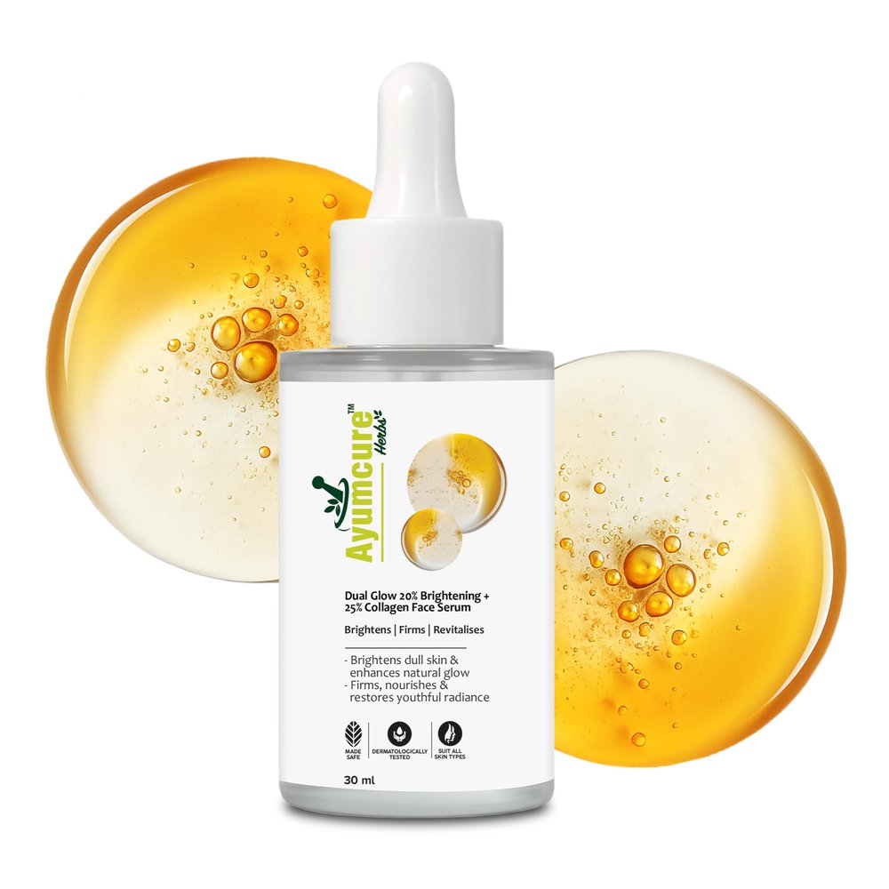 Ayumcure Dual Glow Face Serum 30ML | 20% Brightening + 25% Collagen | With Licorice Oil, Papaya Leaf, Kesar, Sandalwood, Aloe Vera & Niacinamide | Brightens, Firms & Reduces Dark Spots | Unisex,