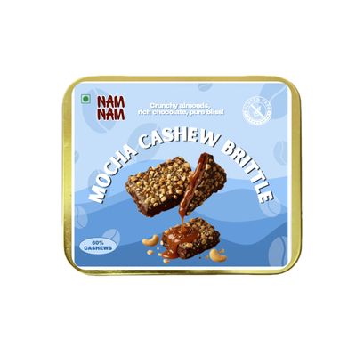 Nam Nam Mocha Cashew Brittle, Premium Chocolate Coated Nuts, Tin Edition, 60% Roasted Cashews with Coffee, 125 Grams