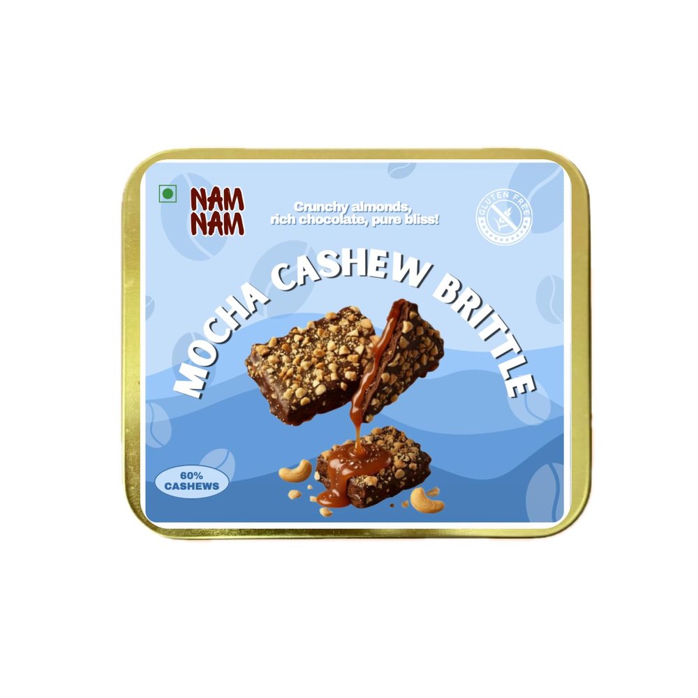 Nam Nam Mocha Cashew Brittle, Premium Chocolate Coated Nuts, Tin Edition, 60% Roasted Cashews with Coffee, 125 Grams