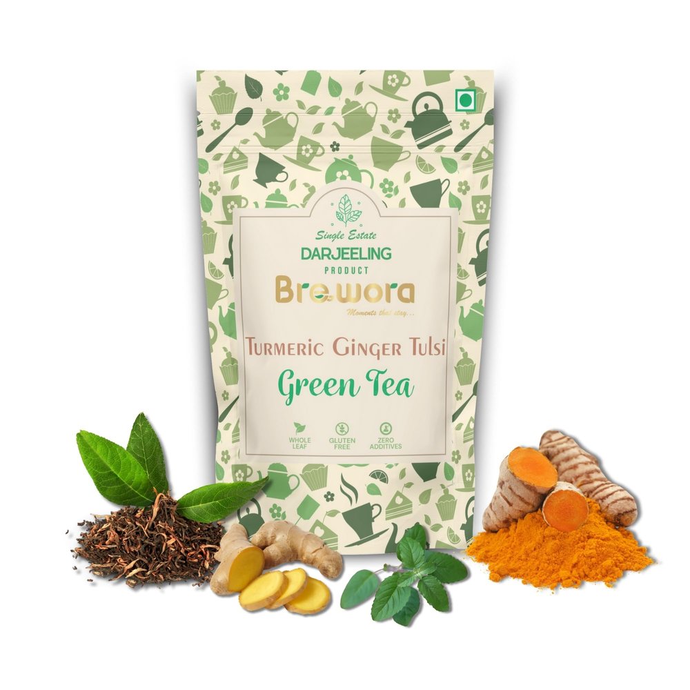 Brewora Turmeric Ginger Tulsi Green Tea Pouch | Spiced Wellness Blend | Holy Basil & Antioxidant Rich Green Tea | Soothing & Energizing Flavor | Loose Leaf Tea in Resealable Pouch_100 gm