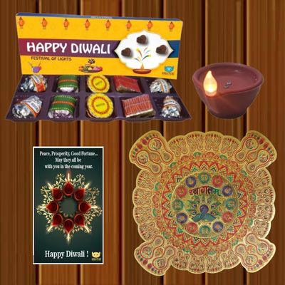 Bogatchi Diwali Gift Pack 10 Premium Chocolates with LED Diya & Rangoli Festive Gift Hamper (140g)