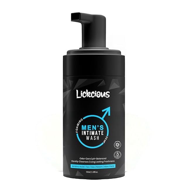 Lickcious Foaming Intimate Wash for Men - pH 5.5 Balanced Male Hygiene Cleanser with Neem, Tea Tree & Aloe Vera - Odor Control & Long-Lasting Freshness - Sulfate & Paraben Free - 100ml