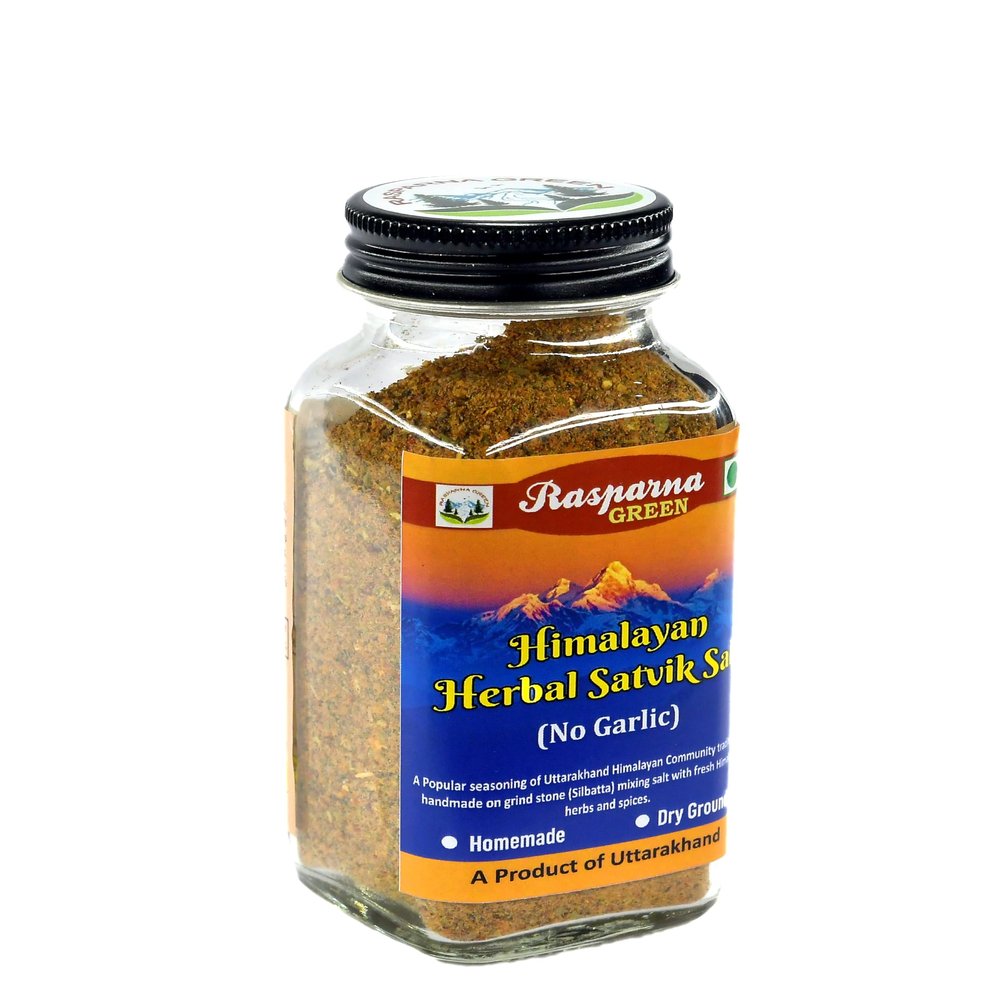 Rasparna Green Garlic-Free Satvik Herbal Flavored Salt in Sprinkler Glass Bottle | Mint Flavored Pahadi Namak Dry Pisyun Loon 100g |