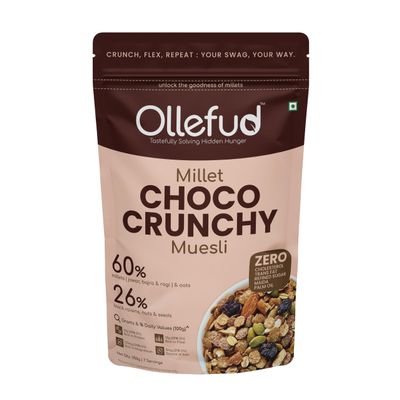 Ollefud Millet Choco Crunchy Muesli | 350g | 47% Millets | 26% (Fruits, Nuts & Seeds) | Protein, Fiber & Magnesium Rich | Iron & Zinc Source | No Refined Sugar