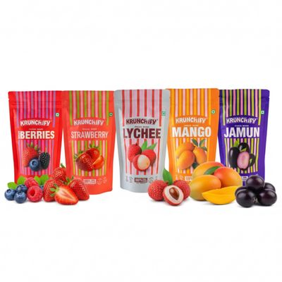 Krunchify Freeze Dried Mango, Strawberry, Lychee, Jamun, Mulberry, Blueberry Fruit Snack | Healthy Snacks for Kids and Adults | 100% Natural Fruits, Vegan & Gluten Free | 12 Months Shelf Life | No Added Sugar, No Preservatives