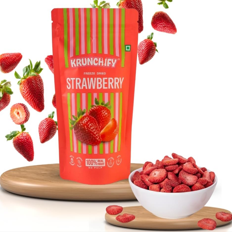 Krunchify Freeze Dried Strawberry Fruit Snack | Healthy Snacks for Kids and Adults | 100% Natural Fruits, Vegan & Gluten Free | 12 Months Shelf Life | No Added Sugar, No Preservatives | Serving - 16g
