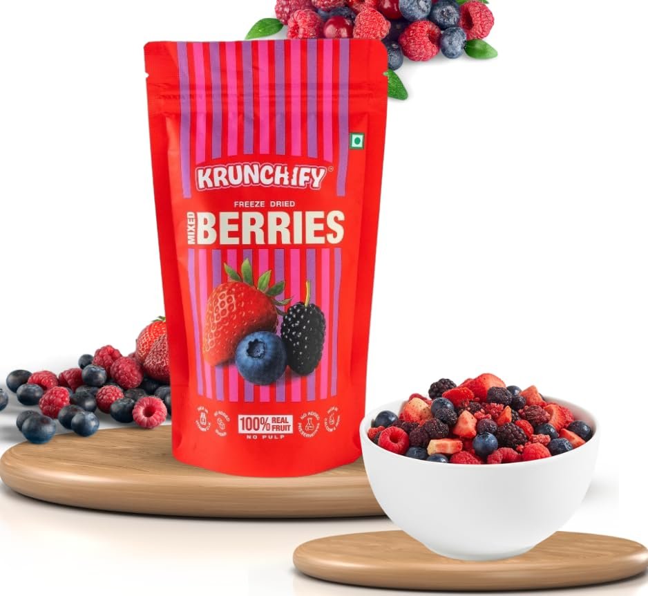 Krunchify Freeze Dried Mixed Berries Fruit Snack | Healthy Snacks for Kids and Adults | 100% Natural Fruits, Vegan & Gluten Free | 12 Months Shelf Life | No Added Sugar, No Preservatives | Serving - 16g