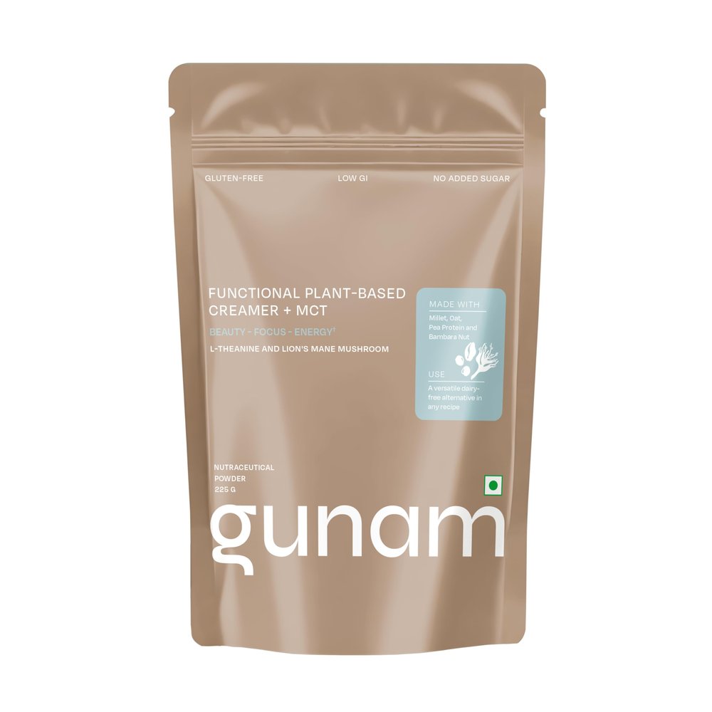 Gunam Functional Plant-Based Creamer + MCT | With L-theanine & Lions Mane Mushroom| Creamer Powder to Support Gut & Skin Health | Gluten Free, Low GI & No added Sugar | 15 servings | 225g