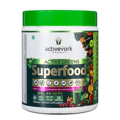 Activeyork Organic Active Greens Superfood Powder | Fruits, Vegetables, Super Greens, Reds, Mushroom & Herbs Blend | Daily Nutrition, Energy & Immunity Booster | Premium Dietary Supplement | 300g
