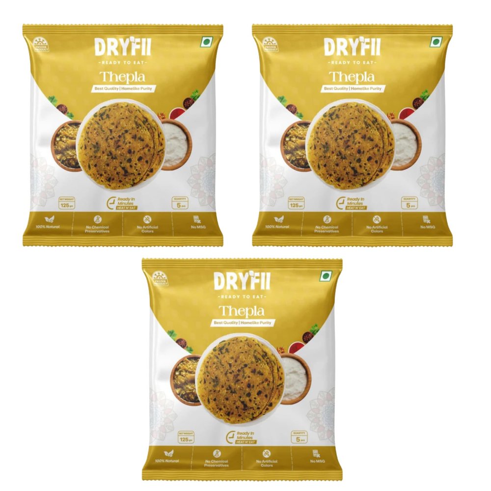 Dryfii Ready-to-Eat Thepla  Pack of 3 (15 Pieces, 375g) | Whole Wheat Paratha with Desi Ghee & Spices | No Preservatives | Perfect for Meal Prep & Group Meals
