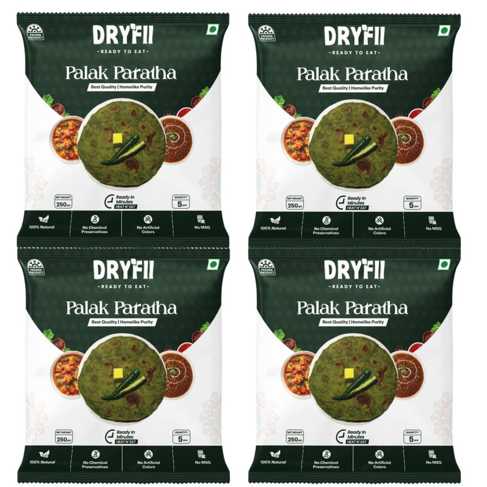 Dryfii Ready-to-Eat Palak Paratha  Pack of 4 (20 Pieces, 1kg)  Whole Wheat, Spinach Flatbread, Soft & Fresh, No Preservatives, Quick Meals