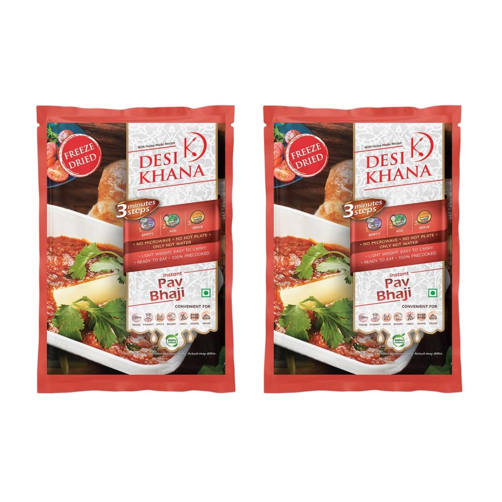 Desi Khana Ready To Eat (Pack Of 2) Pav Bhaji - 3 Minute Instant Healthy Main Course Food Makes Approx 205-215 gm | Just Add Hot Water | Zero Preservative | Wholesome Meal(50g Pouch, Freeze Dried)