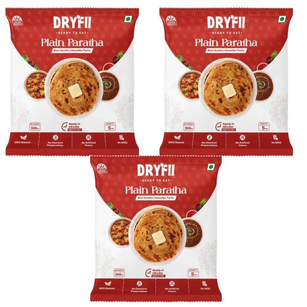 Dryfii Ready-to-Eat Plain Paratha  Pack of 3 (15 Parathas, 600g) | Soft & Flaky Whole Wheat Parathas with Desi Ghee | No Preservatives, Easy to Heat & Serve