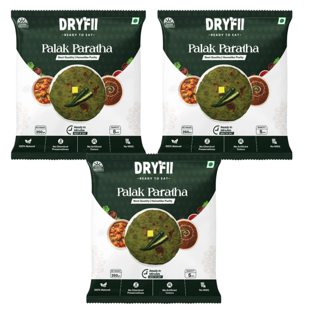 Dryfii Ready-to-Eat Palak Paratha  Pack of 3 (15 Pieces, 750g)  Whole Wheat, Spinach Flatbread, Soft & Fresh, No Preservatives, Quick Meals