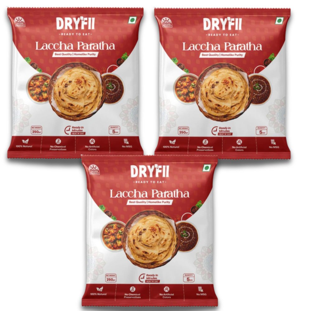 Dryfii Ready-to-Eat Laccha Paratha Pack of 3 | 15 Pieces | Whole Wheat, Ghee, No Preservatives, Vacuum-Packed, Long Shelf Life