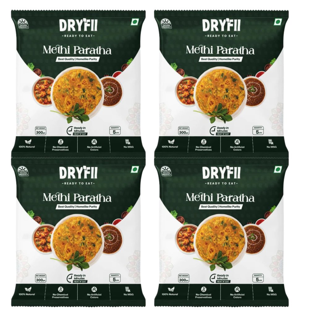 Dryfii Ready-to-Eat Methi Paratha  20 Pieces (Pack of 4) | Authentic Indian Fenugreek Flatbread | No Preservatives | Quick & Easy Meal | Ideal for Travel, Office, and Home