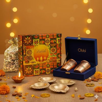 Bay Nut Diwali Gift Set, Copper Glasses in Royal Blue Velvet Box, Dry Fruit Potli and Greeting Card, 25 x 25 x 9 cm