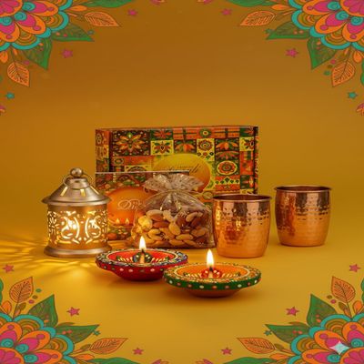 Bay Nut Diwali Gift Hamper with Dry Fruit Pouch 200g, Copper Glass Set, Decorative Lantern, Colourful Diyas