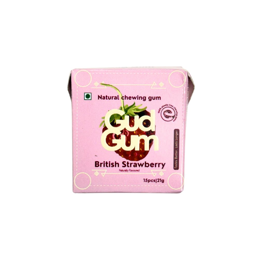 Gud Gum Natural, Plastic Free Chewing Gum Strawberry Flavour No Added Artificial Colours, Flavors & Sweeteners