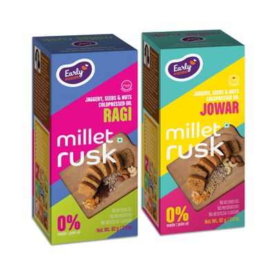 Early Foods - Chota Pack of 2 : Ragi & Jowar Rusks | Millet Toast Sugar Free | No Maida Rusk | Rusks for Kids | Millet Toast Biscuits Rusk 82g x 2