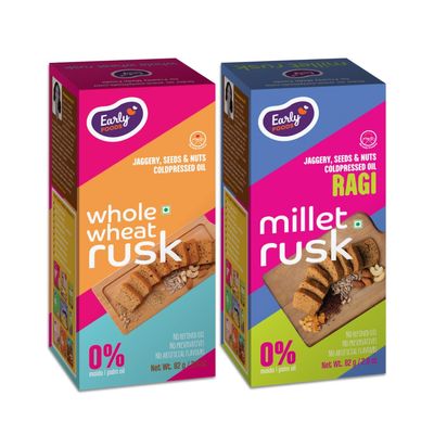 Early Foods - Chota Pack of 2 : Ragi & Wheat Rusks | Millet Toast Sugar Free | No Maida Rusk | Rusks for Kids | Millet Toast Biscuits Rusk 82g x 2