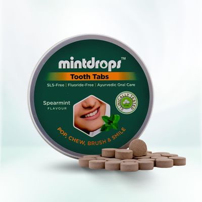 Mintdrops Premium Tooth Tabs Spearmint Flavour | Clinically Tested | SLS-Free & Fluoride-Free | 100% Natural Herbal Extracts | Supports Oral Hygiene & Gum Health | Dentist-Approved | Instant Fresh-Breath | Travel-Friendly Pack | 60 Tabs | Pack of