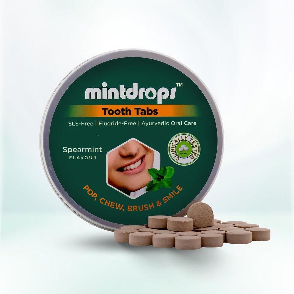 Mintdrops Premium Tooth Tabs  Spearmint Flavour | Clinically Tested | SLS-Free & Fluoride-Free | 100% Natural Herbal Extracts | Supports Oral Hygiene & Gum Health | Dentist-Approved | Instant Fresh-Breath | Travel-Friendly Pack | 60 Tabs | Pack of 