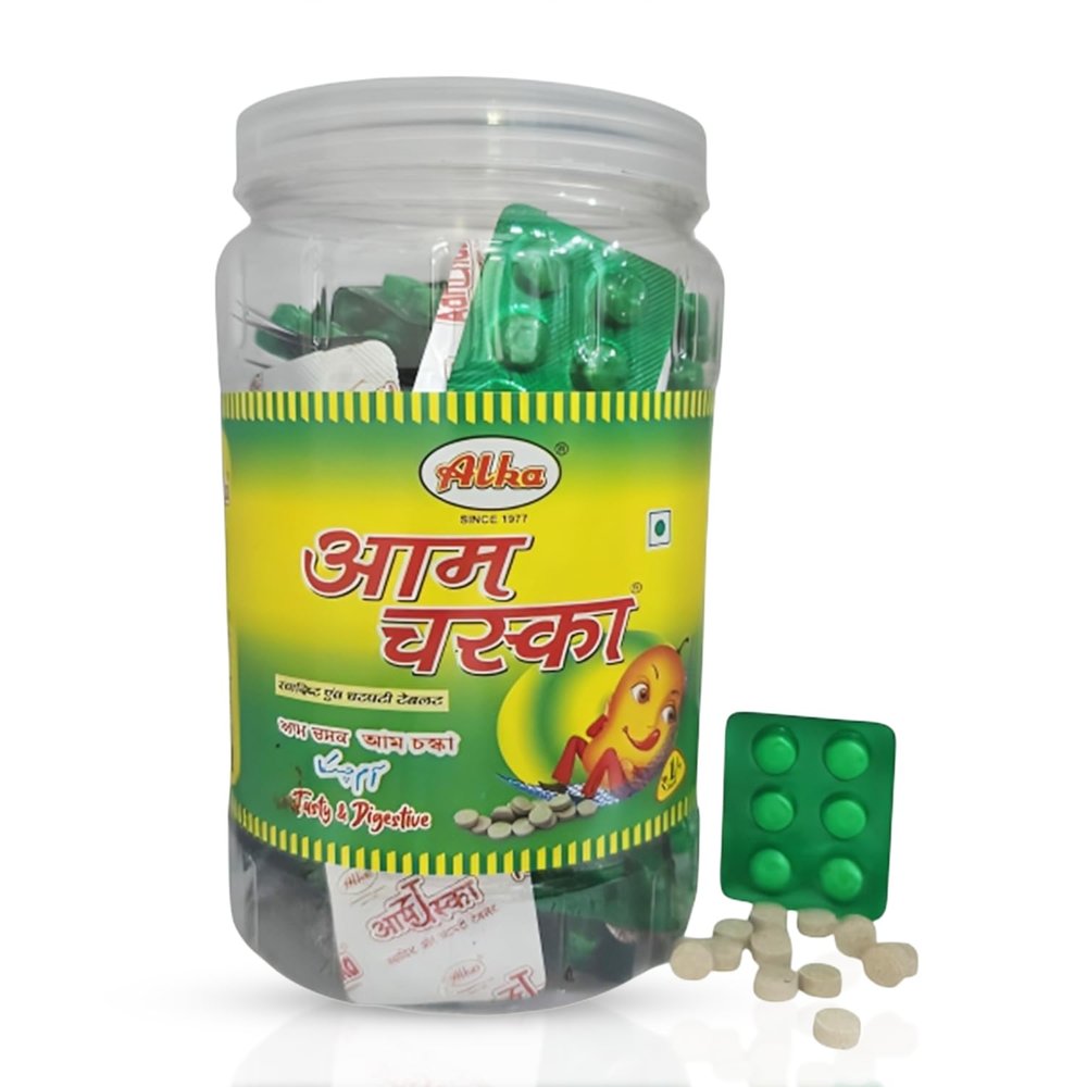 ALKA AAM CHASKA Chatpati Aam Tablets | Tangy Mango Flavoured Digestive Candy | Khatta Meetha Aam Goli | Mouth Freshener Churan Candy | Travel-Friendly Pack (100 Strips)