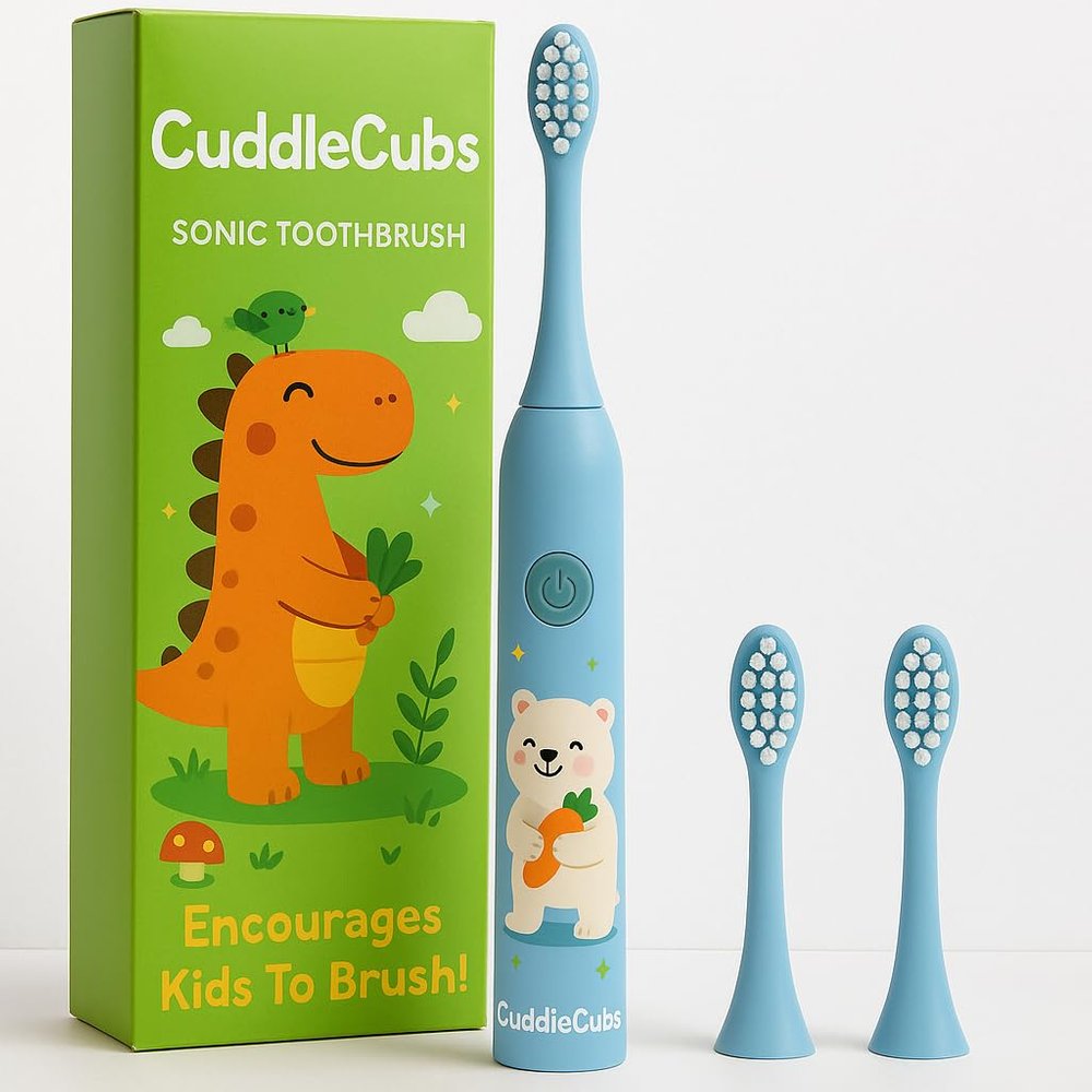 CuddleCubs Electric Toothbrush for Kids Sonic, IPX7 Waterproof, 3 Modes, 3 Replaceable Brush Heads, 19,000 Strokes/Min, DuPont Soft Nylon Bristles, Multi-Color