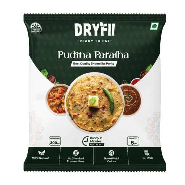 Dryfii Pudina Paratha Frozen Indian Mint Flatbread, Ready-to-Cook Whole Wheat Paratha, Traditional Indian Breakfast & Snack Pack of 1 (5 Pieces)
