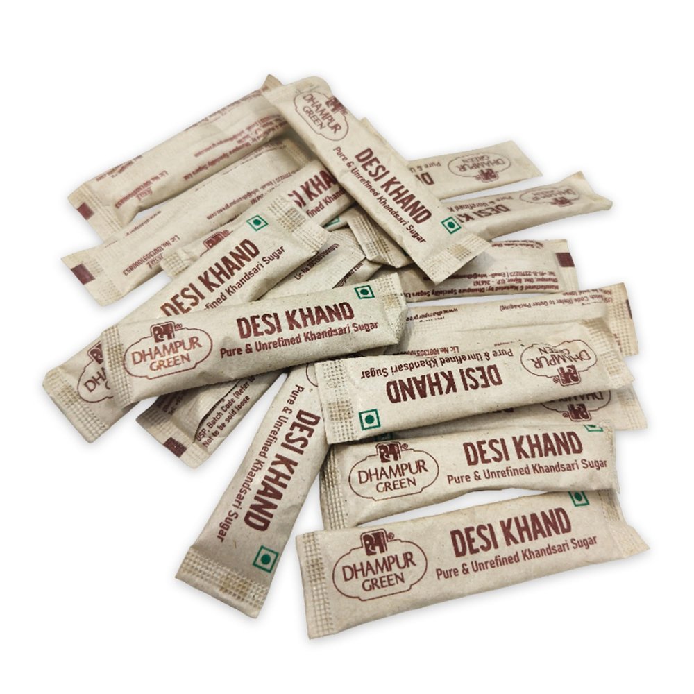 Dhampurgreen Desi Khand Sugar Sachets (5g x 200pc) | Traditional Indian Khand | Unrefined Natural Sugar | 1 Kg Pack | Ideal for Tea & Coffee | Healthy Sugar Alternative | Ideal for Tea & Coffee | For Hotels, Cafes & Offices