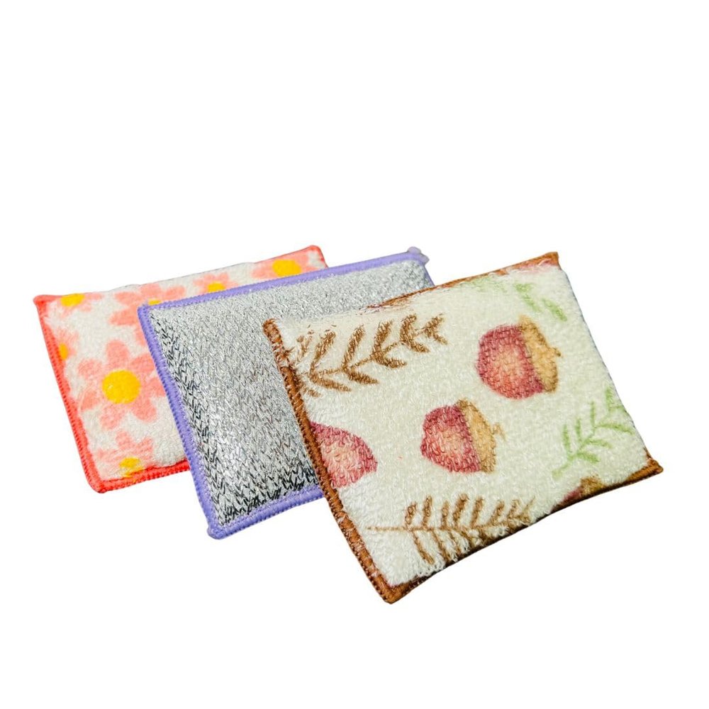 ECO SHINE Printed Bamboo Sponge, Eco-Friendly Antimicrobial & Odour-Free Sponge for Kitchen, Dishes, Multipurpose Scratch-Free Cleaning with Lightweight & Reusable Design Multicolour (Pack of 3)