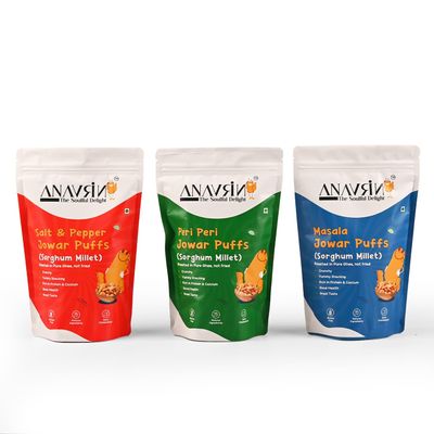 ANAVRIN Roasted Jowar Puffs Combo | High Fibre & Protein Puffs | Peri Peri, Salt & Pepper, and Masala| Healthy Snacks & Millet Puffed Snacks | Gluten Free, Zero Cholesterol (Pack of 3-360gm)