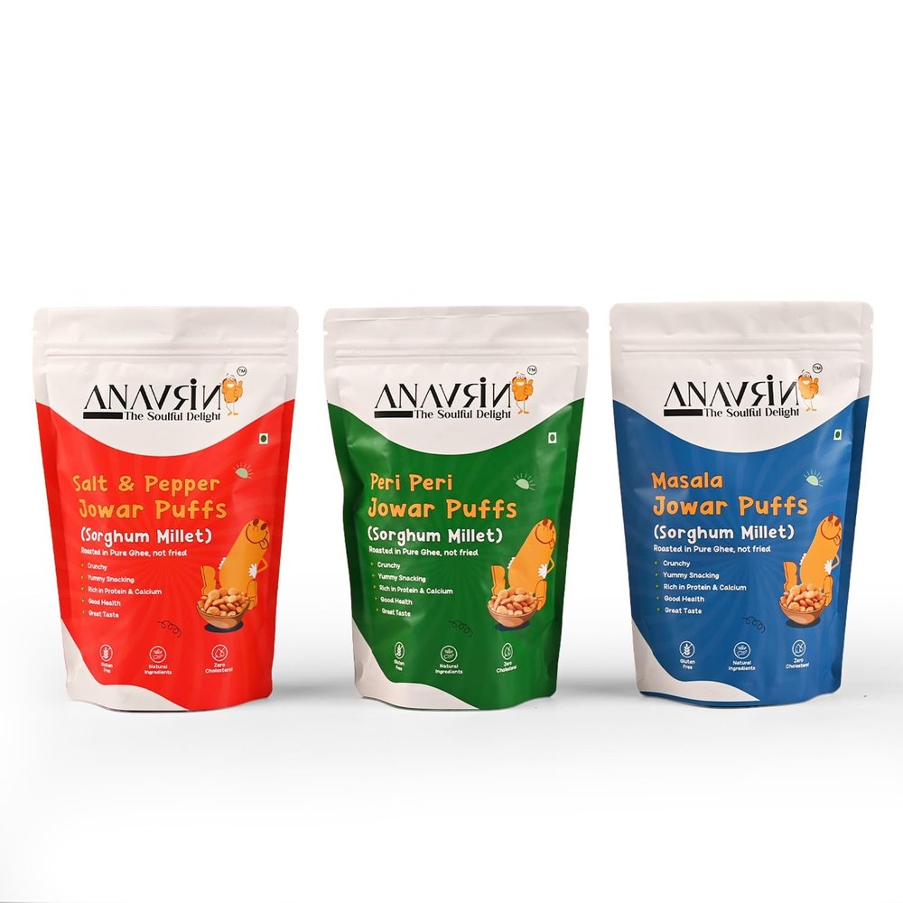 ANAVRIN Roasted Jowar Puffs Combo | High Fibre & Protein Puffs | Peri Peri, Salt & Pepper, and Masala| Healthy Snacks & Millet Puffed Snacks | Gluten Free, Zero Cholesterol (Pack of 3-360gm)