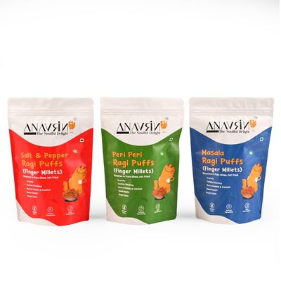 ANAVRIN Roasted Ragi Puffs Combo | High Fibre & Protein Puffs | Peri Peri, Salt & Pepper, and Masala| Healthy Snacks & Millet Puffed Snacks | Gluten Free, Zero Cholesterol (Pack of 3-360gm)