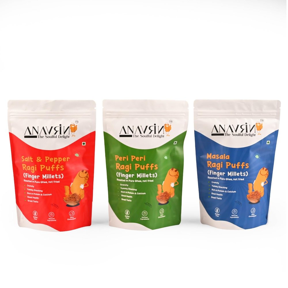 ANAVRIN Roasted Ragi Puffs Combo | High Fibre & Protein Puffs | Peri Peri, Salt & Pepper, and Masala| Healthy Snacks & Millet Puffed Snacks | Gluten Free, Zero Cholesterol (Pack of 3-360gm)