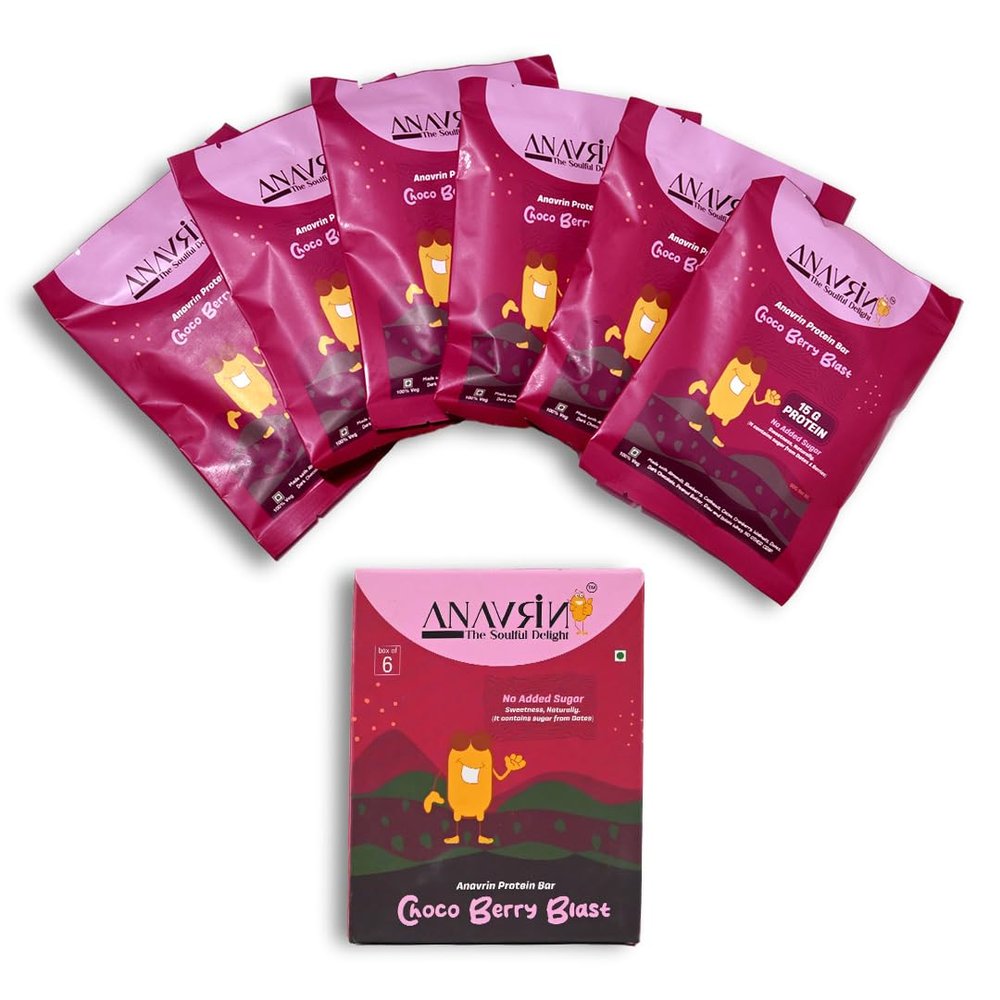 ANAVRIN Choco Berry Blast Protein Bar - 15g Protein, 2.5g Fibre in each Bar (6 Bars x 50gm) Goodness of Dates, No Added Sugar, No Soy, No Preservatives, Gluten Free High Protein Energy Bar, Healthy Snack