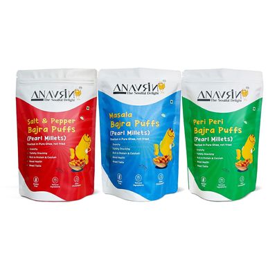 ANAVRIN Bajra Puffs Combo - All Flavor | Peri Peri, Salt & Pepper, and Masala | Roasted, not fried | Crunchy, Healthy Millet Snacks | Gluten Free, Zero Cholesterol | MSG Free, No Preservatives (Pack of 3)