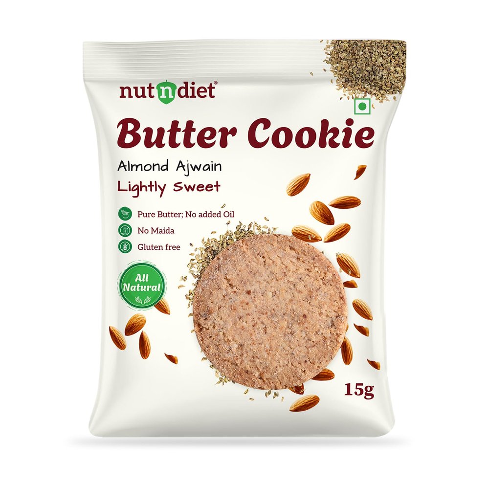 nutndiet Almond Ajwain Butter Cookie, 100% Natural, Clean-label, Gluten-Free, 2g Protein per Cookie, Parent Trusted, Peace of Mind in Packet (15g x 10 Packs)