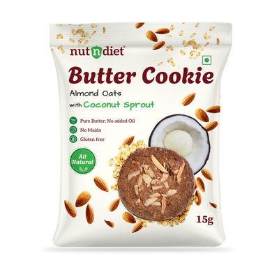 nutndiet World's First Coconut Sprout Cookie, Almond Oats Butter Cookie, 100% Natural, Clean-label, Gluten-Free, 2g Protein, Peace of Mind in Packet (15g x 10 Packs)
