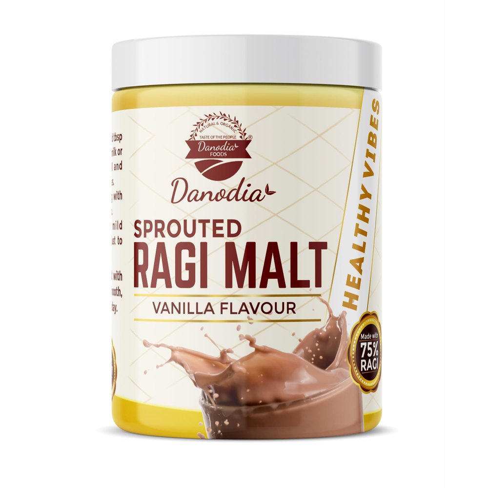 Danodia Foods Sprouted Ragi Malt (400g/14.11 oz) | Vanilla Flavor, Gluten Free | Sprouted Finger Millet Drink Mix | Resealable Pouch