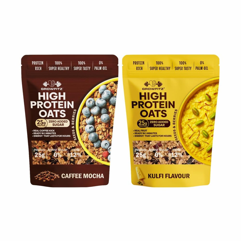 GrowFitz 25g High Protein Oats 800 Gram, Pack of 2 | Coffee Mocha & Kulfi Flavor Combo Breakfast Oatmeal | 17g High Fiber, Almonds, Raisin, Pumpkin, Chia Seeds, Super Rolled Oats | No Added Sugar