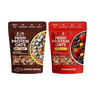GrowFitz 25g High Protein Oats 800 Gram, Pack of 2 | Strawberry & Coffee Mocha Flavor Combo Breakfast Oatmeal | 17g High Fiber, Almonds, Raisin, Pumpkin, Chia Seeds, Super Rolled Oats | No Added Sugar