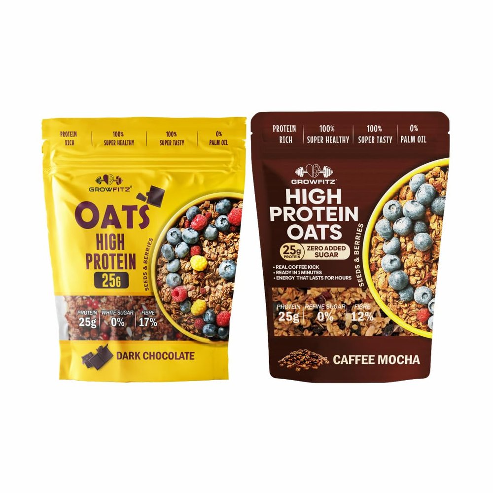 GrowFitz 25g High Protein Oats 800 Gram, Pack of 2 | Chocolate & Coffee Mocha Flavor Combo Breakfast Oatmeal | 17g High Fiber, Almonds, Raisin, Pumpkin, Chia Seeds, Super Rolled Oats | No Added Sugar