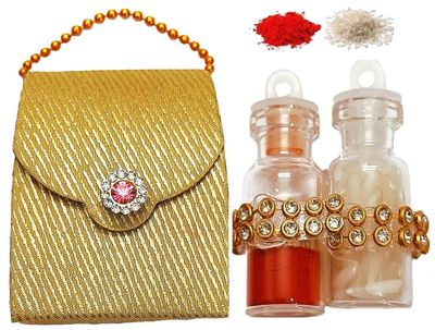 Bhai Dooj Tikka for Brother- Designer Glass Pack of Roli, Rice Chawal, Chandan Mishri for Sweet Bhaiya & Personal Message (Pouch Roli Chawal)