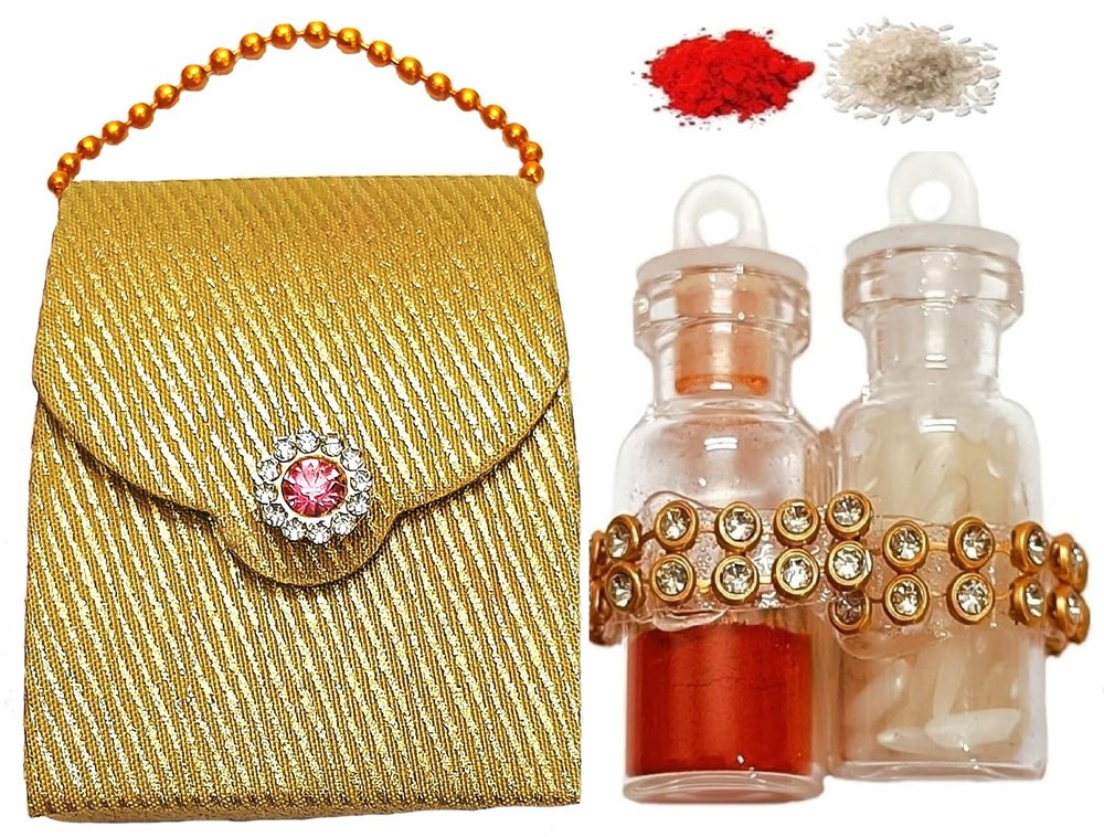 Bhai Dooj Tikka for Brother- Designer Glass Pack of Roli, Rice Chawal, Chandan Mishri for Sweet Bhaiya & Personal Message (Pouch Roli Chawal)