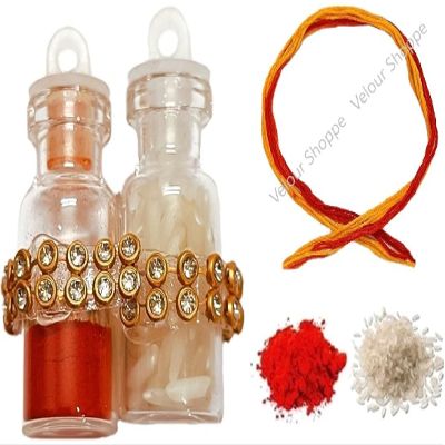 Bhai Dooj Tikka for Brother- Designer Glass Pack of Roli, Rice Chawal, Chandan Mishri for Sweet Bhaiya & Personal Message (Roli Tikka Thread)