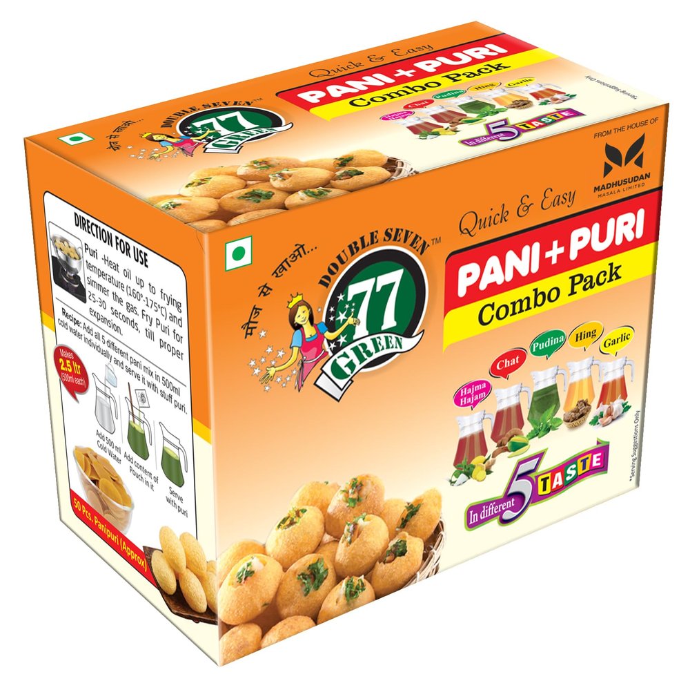 77 Green Pani Puri Combo Pack  Ready-to-Fry Crispy Golgappa Shells with Instant Spiced Pani Mix | Street-Style Indian Chaat Snack | Party Appetizer | No Added Colors or Preservatives